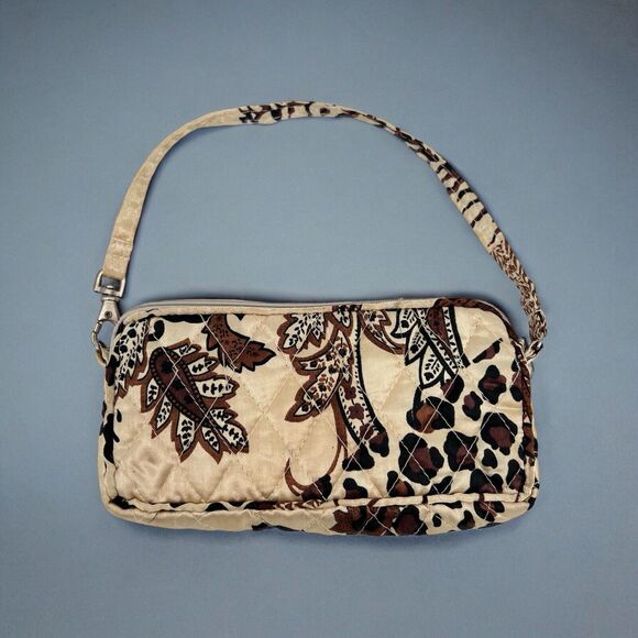 Mini Purse Wallet Satin Quilted Brown Leaf Cheetah Handle Zip 7" x 3.5" Divider - Picture 1 of 8